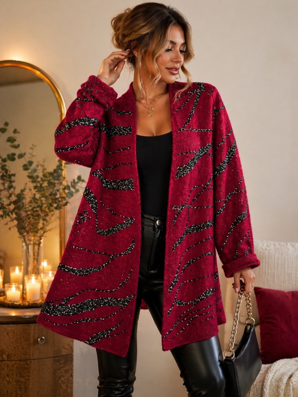 Burgundy Sparkle Statement Cardigan XL Y2K Glitter Zebra Open Front Duster - Picture 1 of 7
